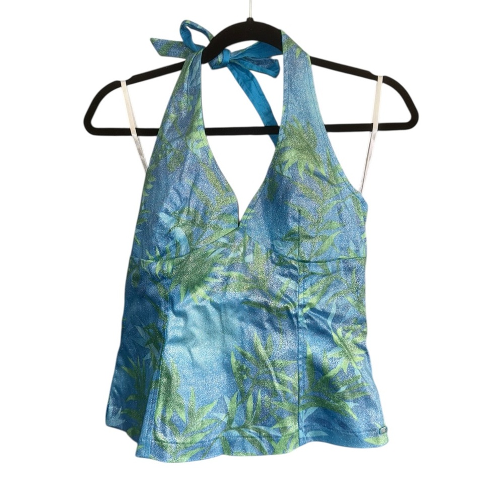 Vintage Y2K Guess NWT Blue and Green Shimmer Tropical Halter Top